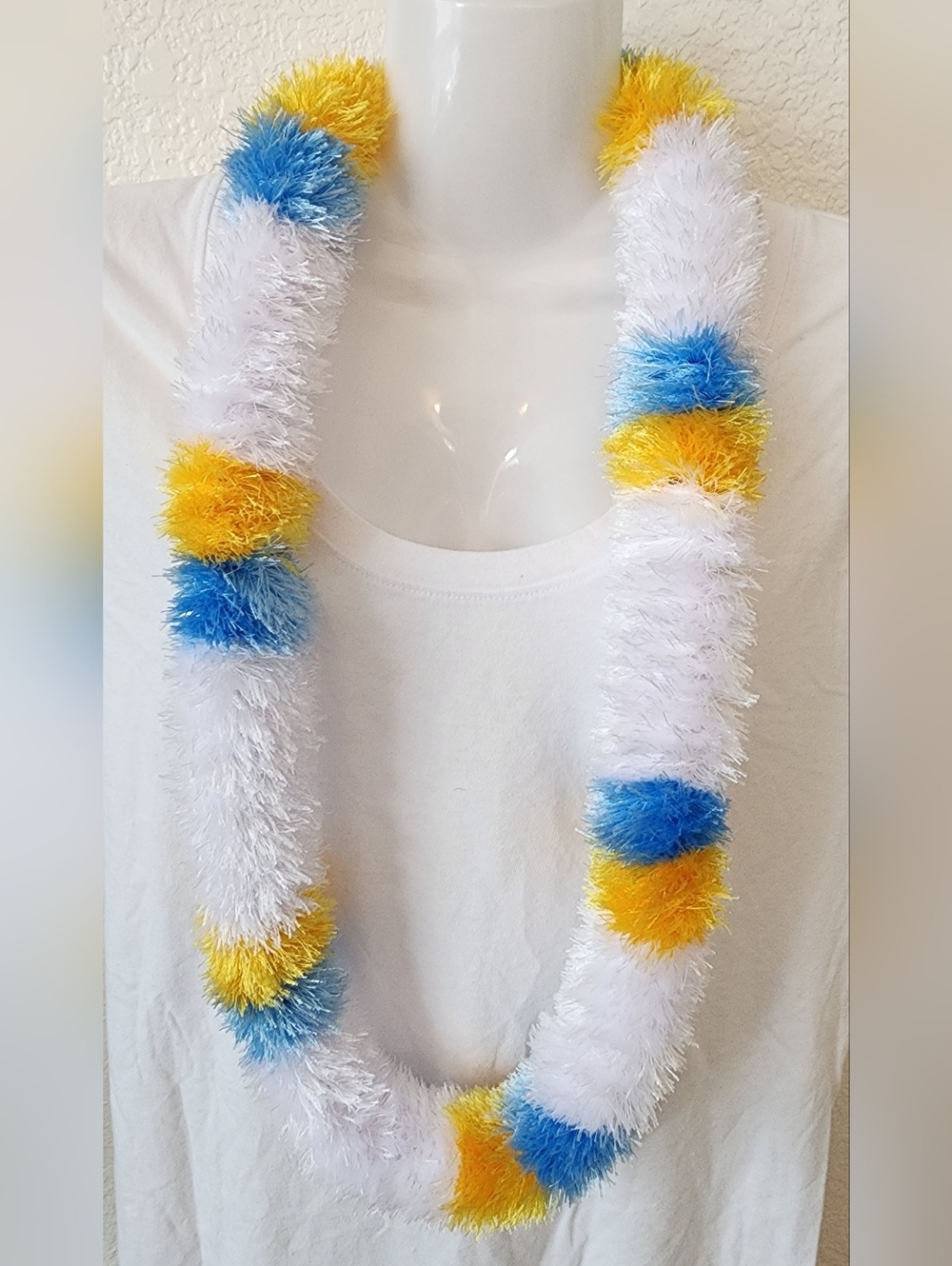 Eyelash Yarn White, Blue & Yellow Kids Fuzzy Lei - Party Necklace